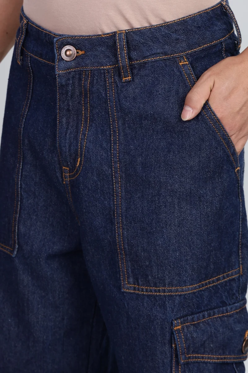 Inkd Sapphire Sphere Men's Cargo Carpenter Baggy Jeans – Mid-Rise | 100% Cotton | Contrast Stitch| 6 Pocket Styling | Baggy Jeans for Man | Cargo for Men for Men | Best Price UAE